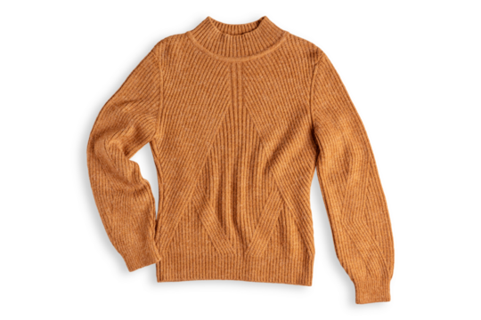 Top view of single casual yellow brown ribbed knit traditional sweater with long sleeves made of cozy soft cashmere fiber isolated on white background used as autumn warm knitwear wool textile clothes