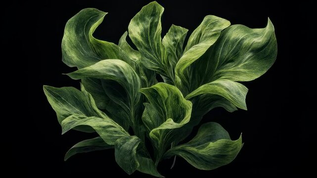 Lush green foliage displaying vibrant patterns on a dark backdrop for botanical beauty