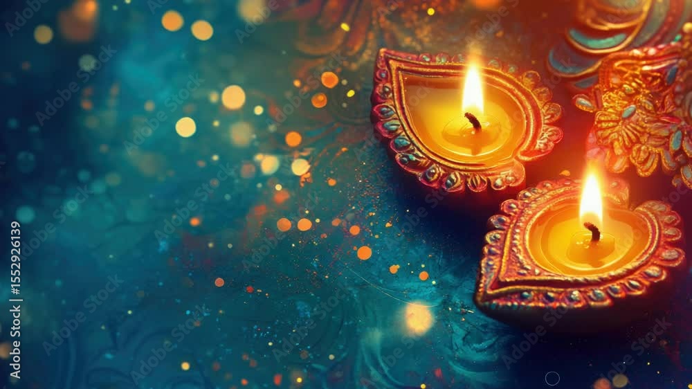 Poster candles on blue background with bokeh lights