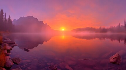 Misty Mountain Lake Sunrise Landscape