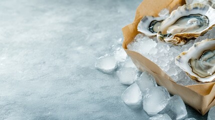 A rustic presentation of fresh oysters laid on a bed of ice, emphasizing their natural beauty and freshness as a symbol of gourmet dining and coastal indulgence.