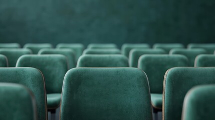 Obraz premium An empty hall filled with rows of teal-colored chairs, creating a sense of calm and anticipation, representing the theme of waiting or reflecting in a spacious environment.