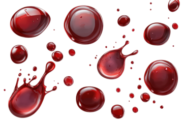 Dark drops of blood splash scattered across a white surface, creating a striking and vivid visual effect while showcasing the texture and shape of each droplet