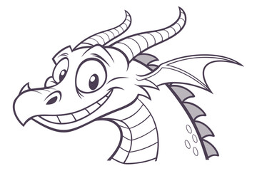 Cartoon dragon head shows a wide, happy grin and large horns are also visible