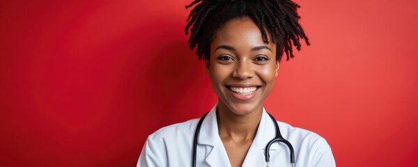 Close-up portrait of smiling african female doctor with stethoscope. Young cheerful woman pro in white coat on vibrant red background. Health, medicine, health care themed concept for advertising