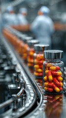 Manufacturing process of colorful capsules in pharmaceutical facility showcasing precision and organization