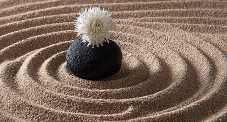Black stone, white flower in sand zen garden