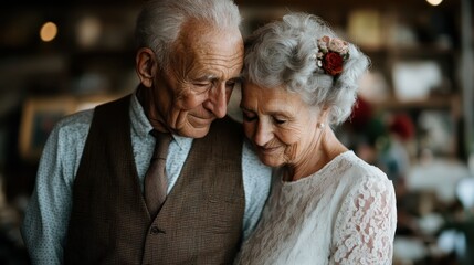 A touching moment between an elderly couple, radiating warmth and love, captured in a cozy, nostalgic environment, emphasizing their enduring bond and shared history.