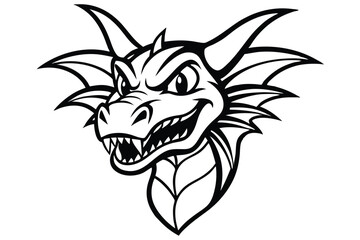 Black line drawing shows an aggressive dragon head with sharp teeth and horns