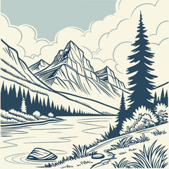 Serene Mountain Landscape with Lake Trees and Cloudy Sky in Vector Art