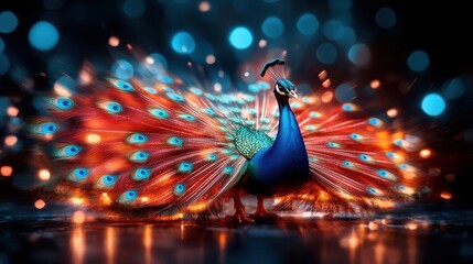 A stunning peacock proudly displays its colorful feathers, showcasing bright hues and intricate patterns, symbolizing beauty, grace, and natural wonder in a vibrant setting.