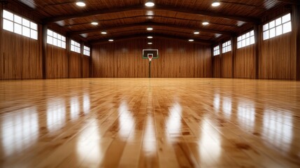 An expansive wooden basketball court features polished floors and bright overhead lights, providing a perfect space for athletes to train or play recreational games.