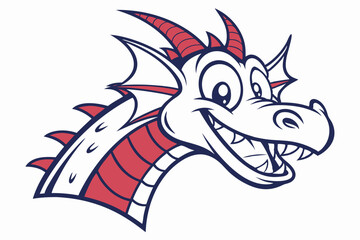 Cartoon dragon head with big eyes smiling cheerfully shows his teeth and horns
