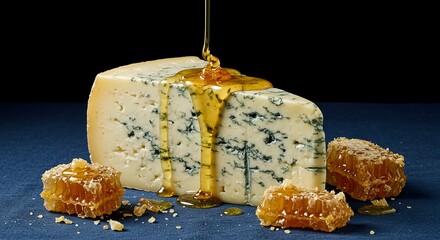 Indulgent Blue Cheese - Honey-Drizzled Wedge with Crumbled Honeycomb on Sapphire Backdrop AI-Generated  