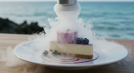 Velvety Berry Cheesecake - Glossy Purple Glaze & Fresh Blueberries on Ethereal Smoke Backdrop AI-Generated  
