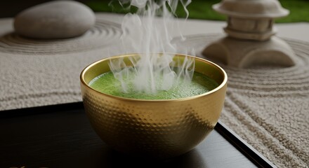 Zen Tea Moment - Hammered Gold Cup with Frothy Matcha in Serene Outdoor Setting AI-Generated  