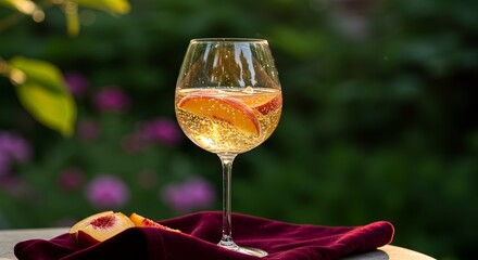 Golden Sparkling Elixir - Peach-Infused Bubbly in Wine Glass on Velvet with Garden Ambiance AI-Generated  