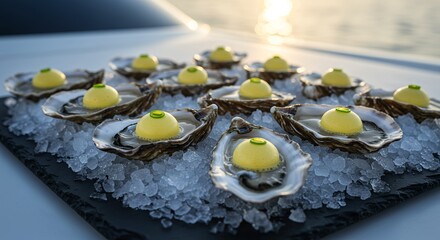 Luxury Oysters on Ice - Creamy Yellow Mousse & Herb Garnish with Sunlit Seascape Backdrop AI-Generated  