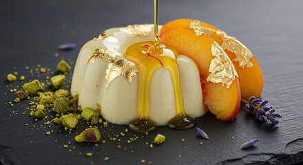 Opulent Dual-Tone Dessert - Gold-Leaf Spherical Creation with Caramel Drizzle & Pistachios AI-Generated  
