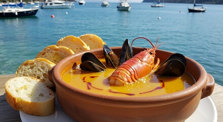 Coastal Lobster Feast - Orange Tail & Mussels in Golden Broth with Focaccia by Turquoise Waters AI-Generated  