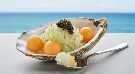 Luxury Seashell Dessert - Citrus & Sorbet in Oyster Shell with Caviar Garnish by Ocean AI-Generated  