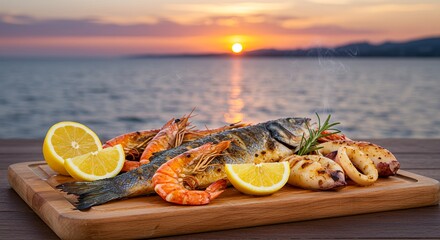 Coastal Seafood Feast - Grilled Fish, Prawns & Squid with Lemon & Rosemary at Sunset AI-Generated  