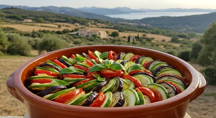 Rustic Ratatouille - Layered Roasted Vegetables in Terracotta Bowl with Countryside Vista AI-Generated  