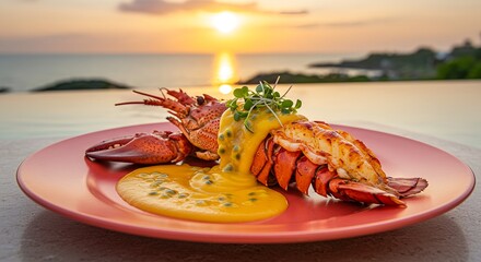 Gourmet Lobster Elegance - Succulent Whole Lobster with Creamy Sauce on Red Plate at Sunset AI-Generated  