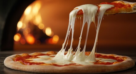 Mouthwatering Pizza Perfection - Stretchy Cheese Pull on Golden Crust with Warm Bokeh Lights AI-Generated  