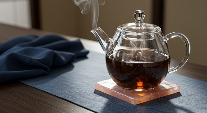 Serene Tea Moment - Glass Teapot with Steaming Amber Tea & Floating Leaves on Dark Blue Cloth AI-Generated  