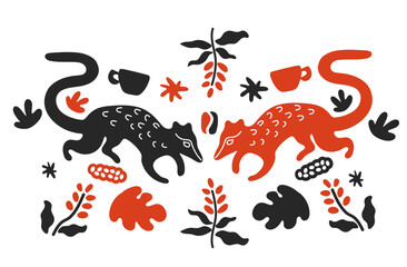 Civet animals with coffee beans, leaves, berries and cups in tribal style. Ethnic folk art and coffee production concept.
