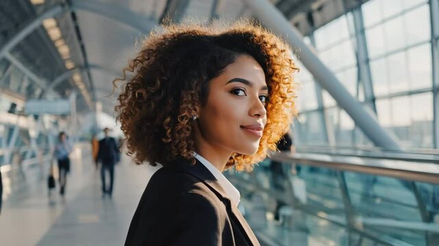 An elegant woman in business attire confidently looking over her shoulder, walking in a modern building hallway. A scene that blends beauty, confidence, and a sense of purpose.