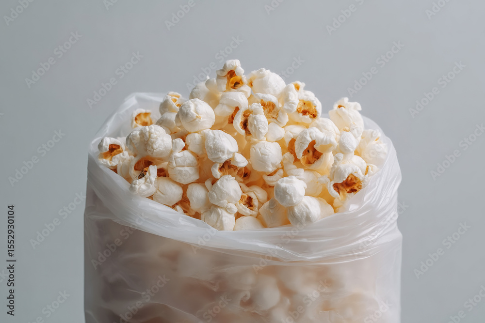Poster a close-up shot of a bag filled with freshly popped popcorn, showcasing its light, airy texture and 