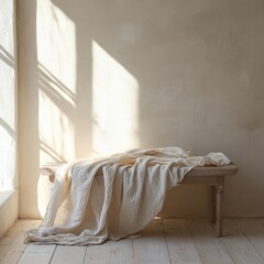 Soft Draped Fabric on Rustic Table with Natural Light and Shadows