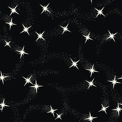 Shooting stars with glittering trails overlaying dark background, forming cosmic seamless pattern suitable for graphic design and decorative applications, vector illustration