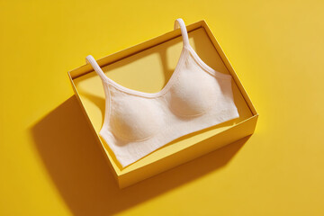 Soft white bra rests inside a yellow box, creating a minimalist and modern fashion appeal against a bright yellow background.