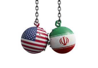 USA and Iran Conflict Symbolized by Colliding Wrecking Balls on Chains.