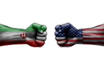 USA vs Iran Conflict Concept with Painted Clenched Fists on Black Background.