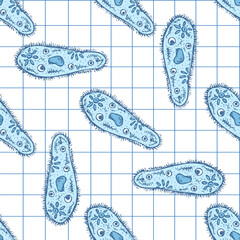 Hand drawn vintage seamless pattern of blue paramecium microorganisms on grid notebook background, vector science illustration