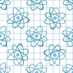 Hand drawn seamless pattern of atomic model sketch in blue color on grid notebook background, vector illustration