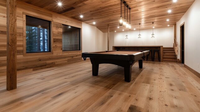 This elegant game room showcases a beautifully crafted pool table surrounded by warm wood tones and modern lighting, perfect for relaxation and entertainment. - Powered by Adobe