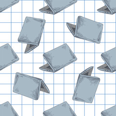 Hand drawn vintage seamless pattern of laptop computers in color on grid notebook background for school and tech