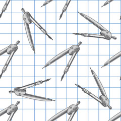 Hand drawn vintage seamless pattern of metal compass for geometry on blue grid notebook background, gray illustration
