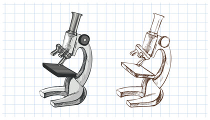 Hand drawn vintage sketch of classic microscope in grayscale and monochrome version on grid notebook background
