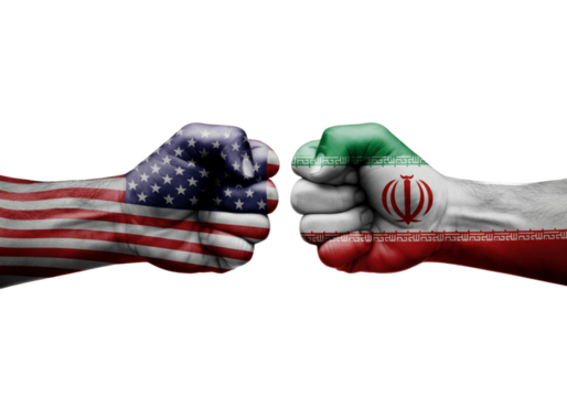 USA vs Iran Conflict Concept with Painted Clenched Fists on Black Background.