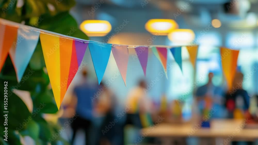 Poster group of people surrounding a table with colorful flags, suitable for celebrations or events