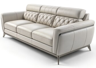 Modern Three-Seater Leather Sofa &ndash; Luxury Brown Couch with Metal Legs on White Background

