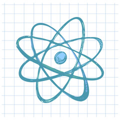 Hand drawn vintage sketch of single atomic model in blue color on grid notebook background, vector illustration