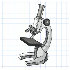 Hand drawn vintage sketch of grayscale scientific microscope on grid notebook background, isolated vector illustration for school