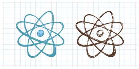 Hand drawn vintage sketch of atomic model in blue and brown color on grid notebook background, vector illustration set